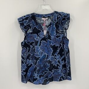 Parker Mindy blouse shirt top cotton sleeveless navy black floral ruffle new S